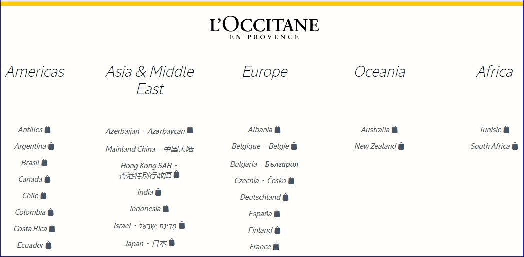 L'Occitane i många länder och på många språk